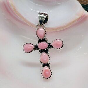 Southwest Sterling Silver Pink Conch Shell Cross Pendant 2" Long